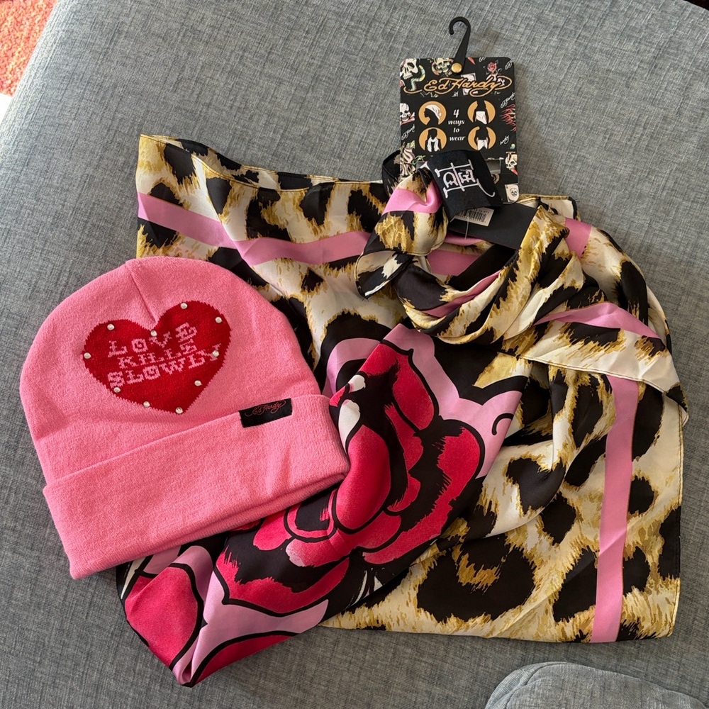 Ed Hardy Pink and Leopard Print Women’s Scarf and Beanie Set NWT